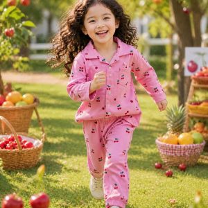 Piyama Anak Perempuan Cherry Pink Long Sleeve Set